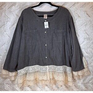 Cracker Barrel Top Women Denim Gray XL Gray Lace Pearl Snap Button-Down NWT‎ NEW